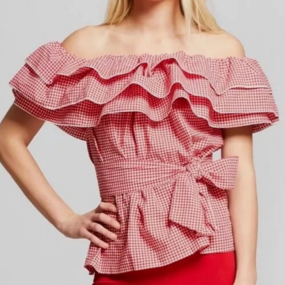 NWT Who What Wear Red Gingham Belted Top Size M